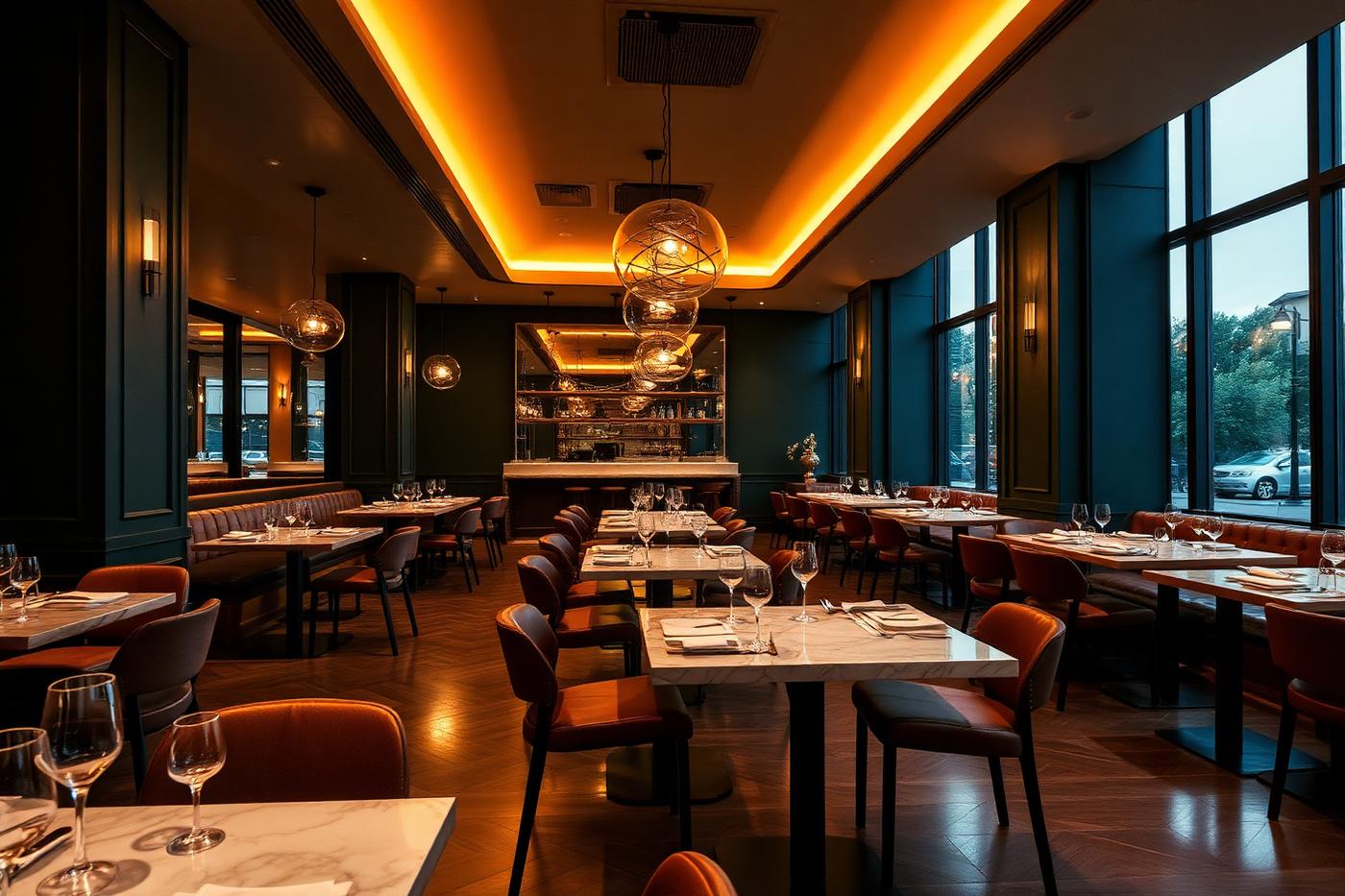 Conceptproject Maison Noord: sfeervol interieur van een moderne bistro bij avondlicht