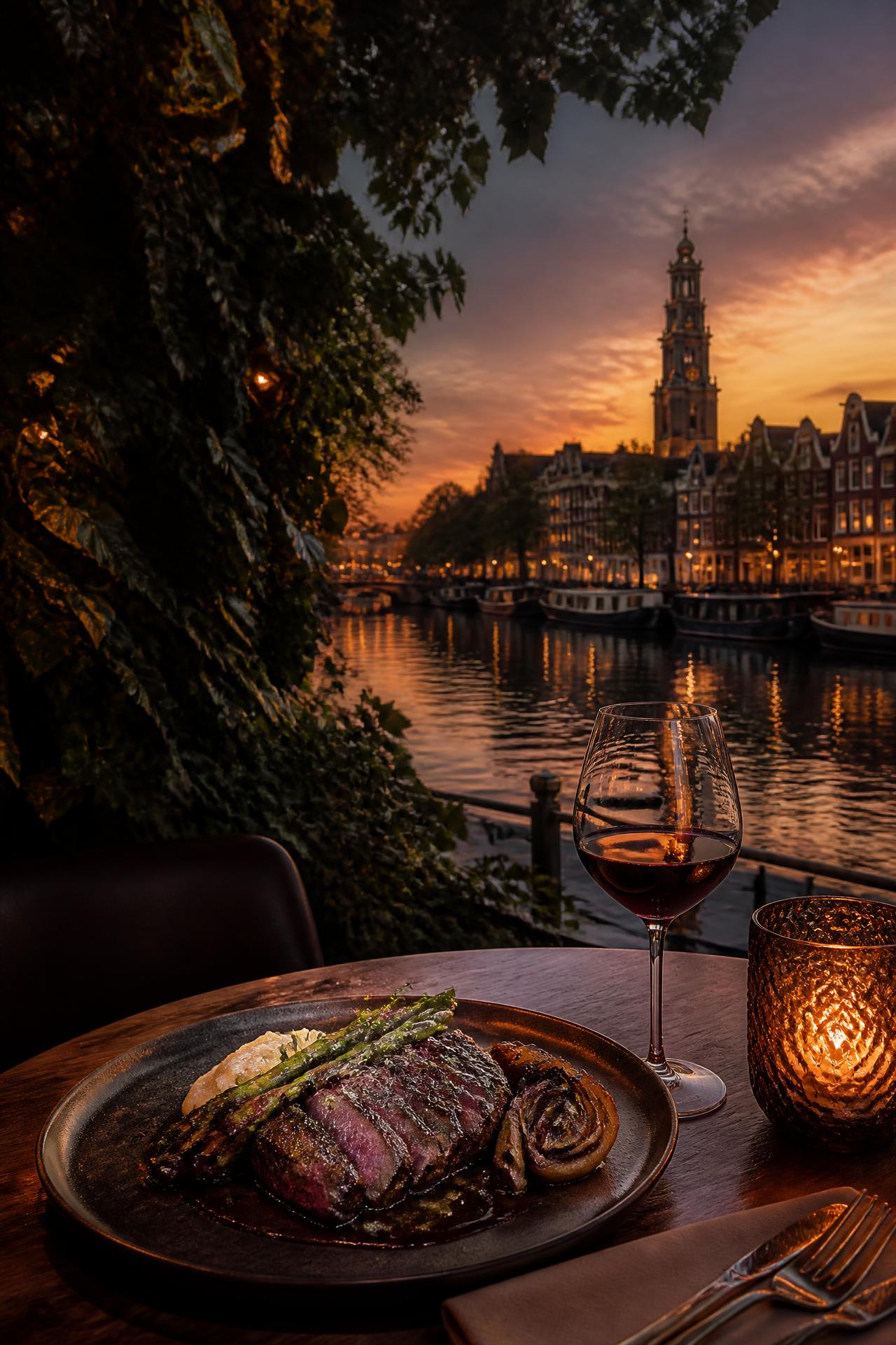 Sfeervol diner met biefstuk aan een Amsterdamse gracht bij zonsondergang
