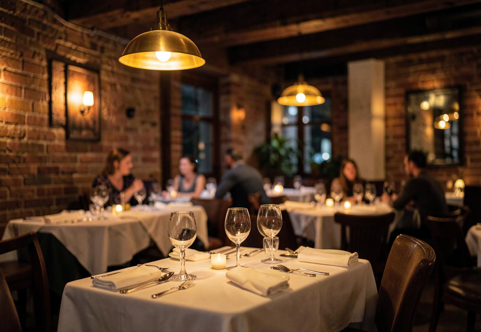 Sfeervol restaurantinterieur met gedekte tafels — de horecawereld waar ik in opgroeide