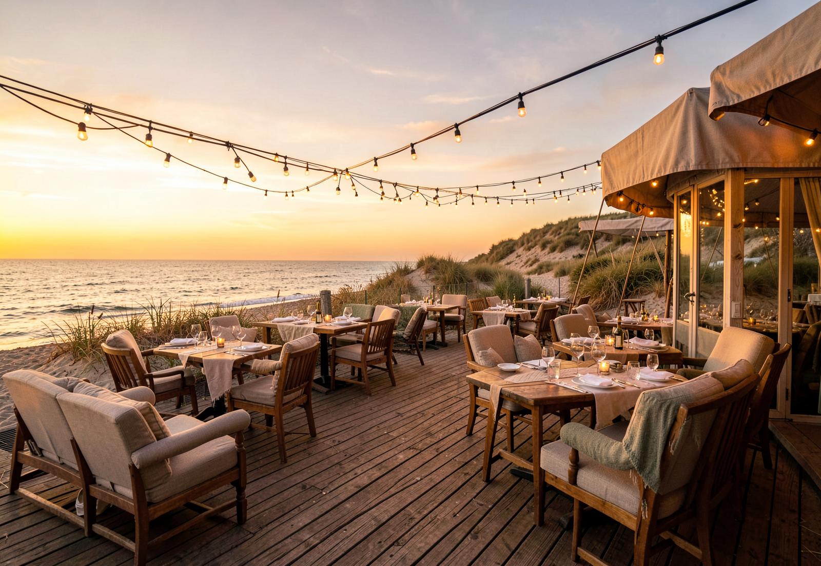 Strandpaviljoen met sfeervol terras bij zonsondergang — voorbeeld van een sfeerbeeld op een horecawebsite